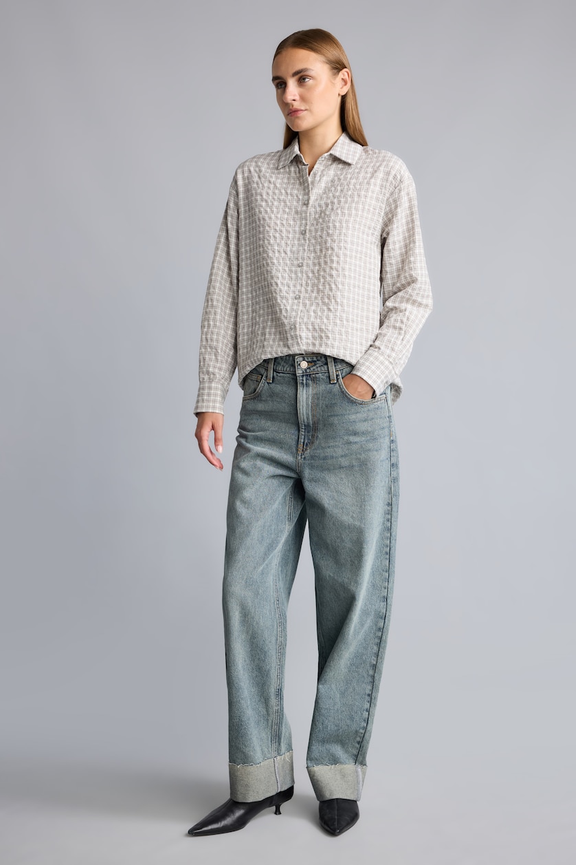 Kadın Açık Gri Regular Fit Flanel Kareli Uzun Kollu Gömlek