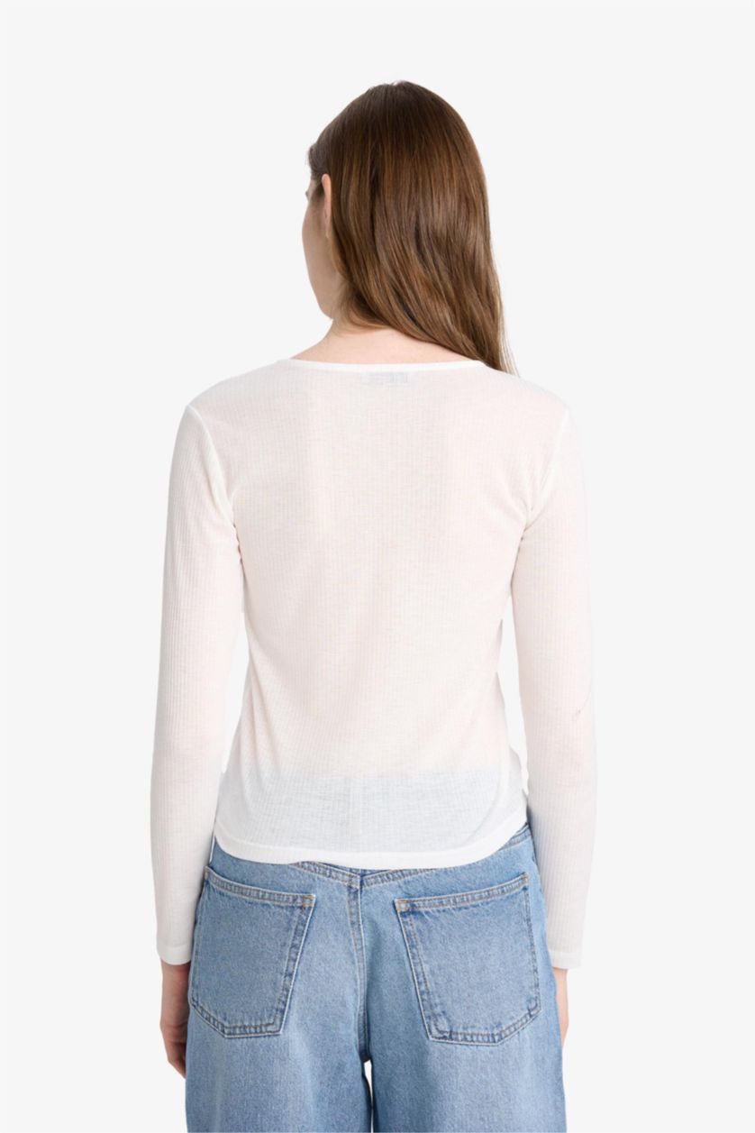 Kadın Kırık Beyaz Slım Fıt Bisiklet Yaka Uzun Kollu Tişört