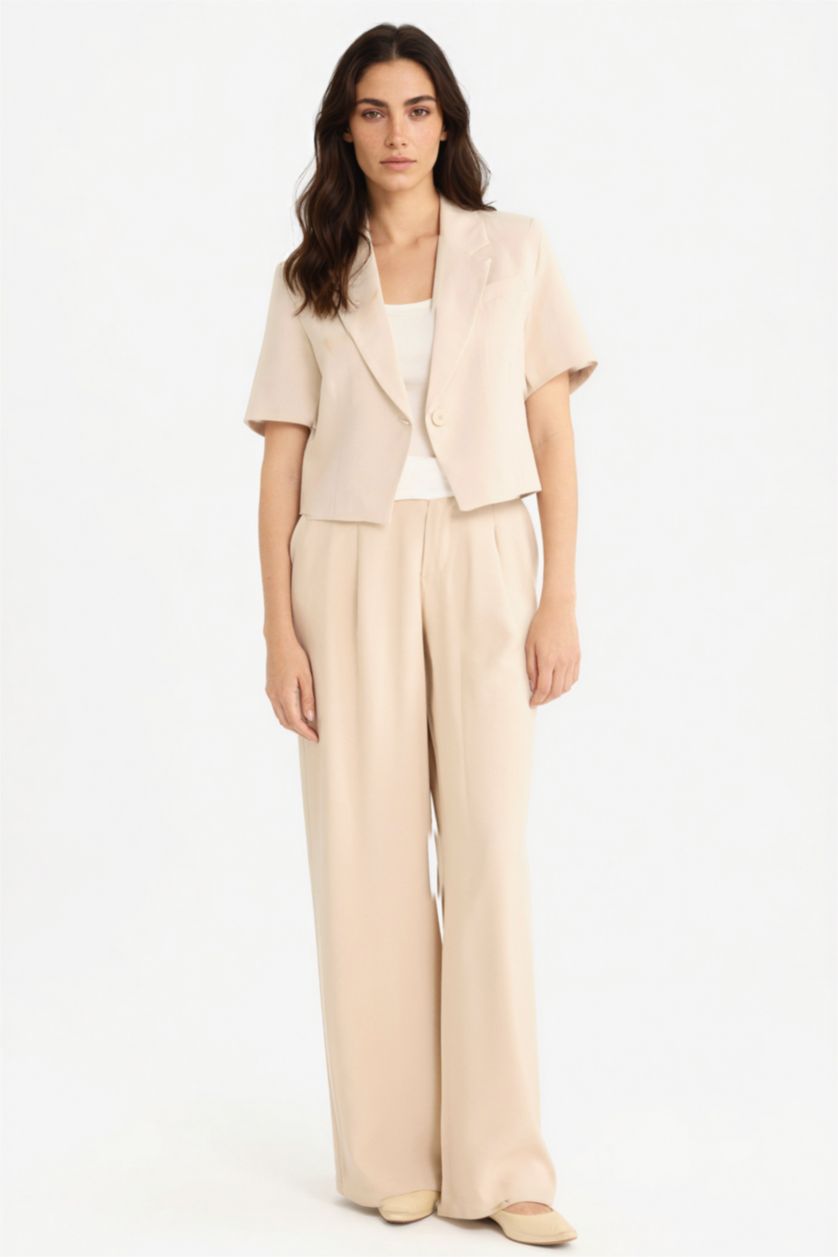 Kadın Koyu Bej Wıde Leg Cep Detaylı Normal Bel Düz Paça Uzun Boy Akışkan Kumaş Pantolon