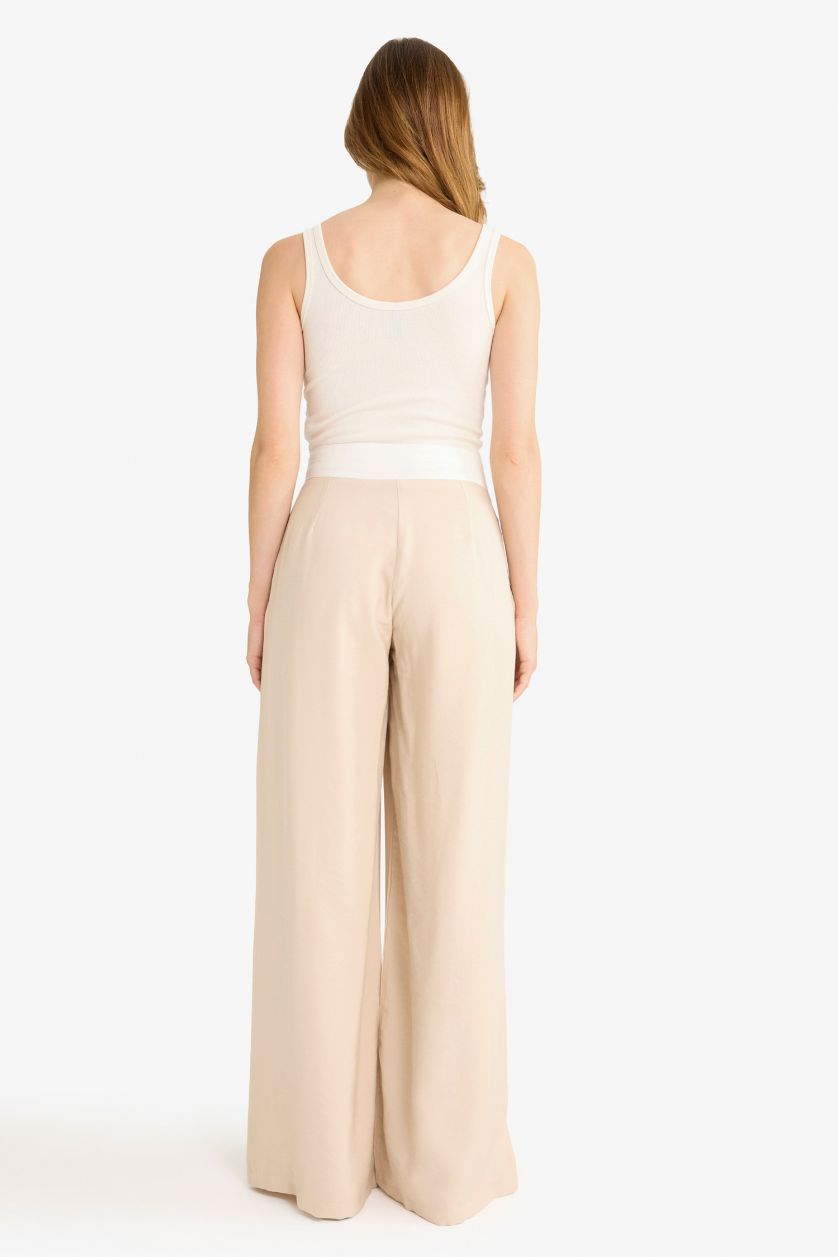 WOMAN Dark Beige Wide Leg Normal Waist Straight Leg Modal Trousers