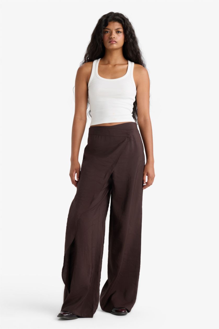 Woman Dark Brown Wide Leg Normal Waist Straight Leg Trousers