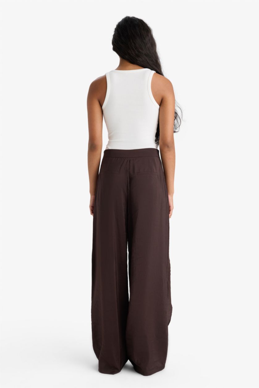 Woman Dark Brown Wide Leg Normal Waist Straight Leg Trousers