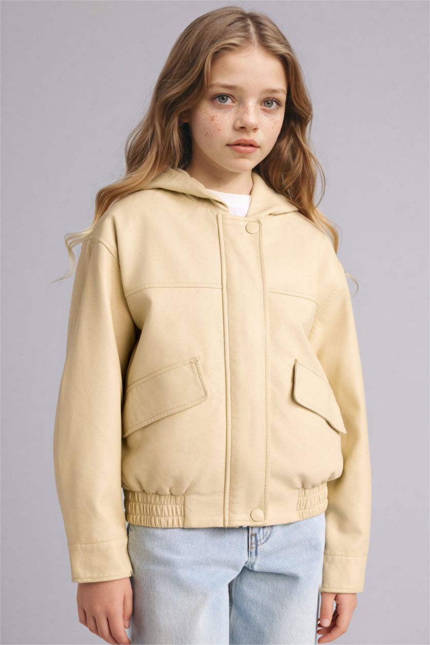 Girls & Teens Beige Girl Hooded Faux Leather Jacket