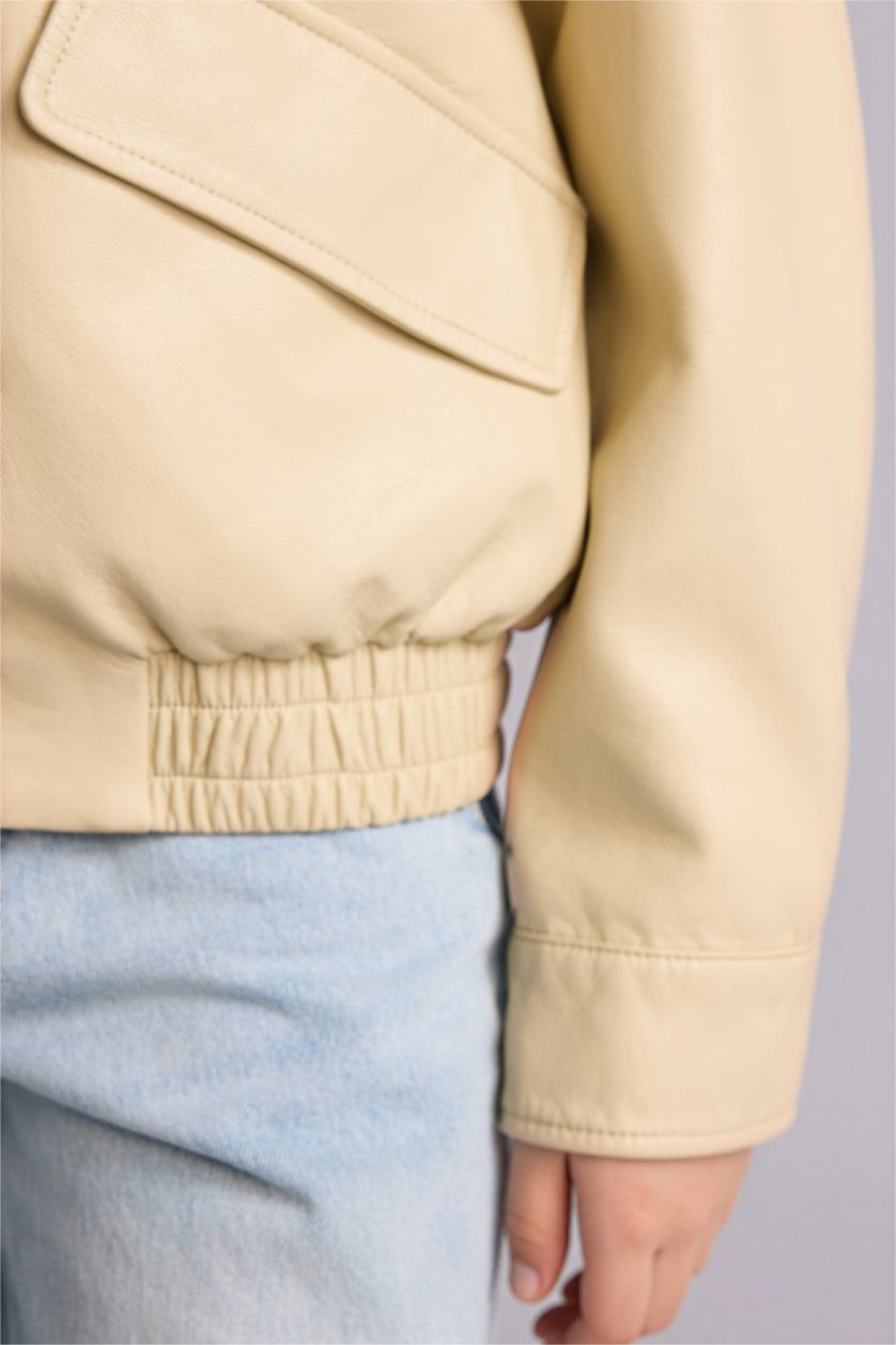 Girls & Teens Beige Girl Hooded Faux Leather Jacket