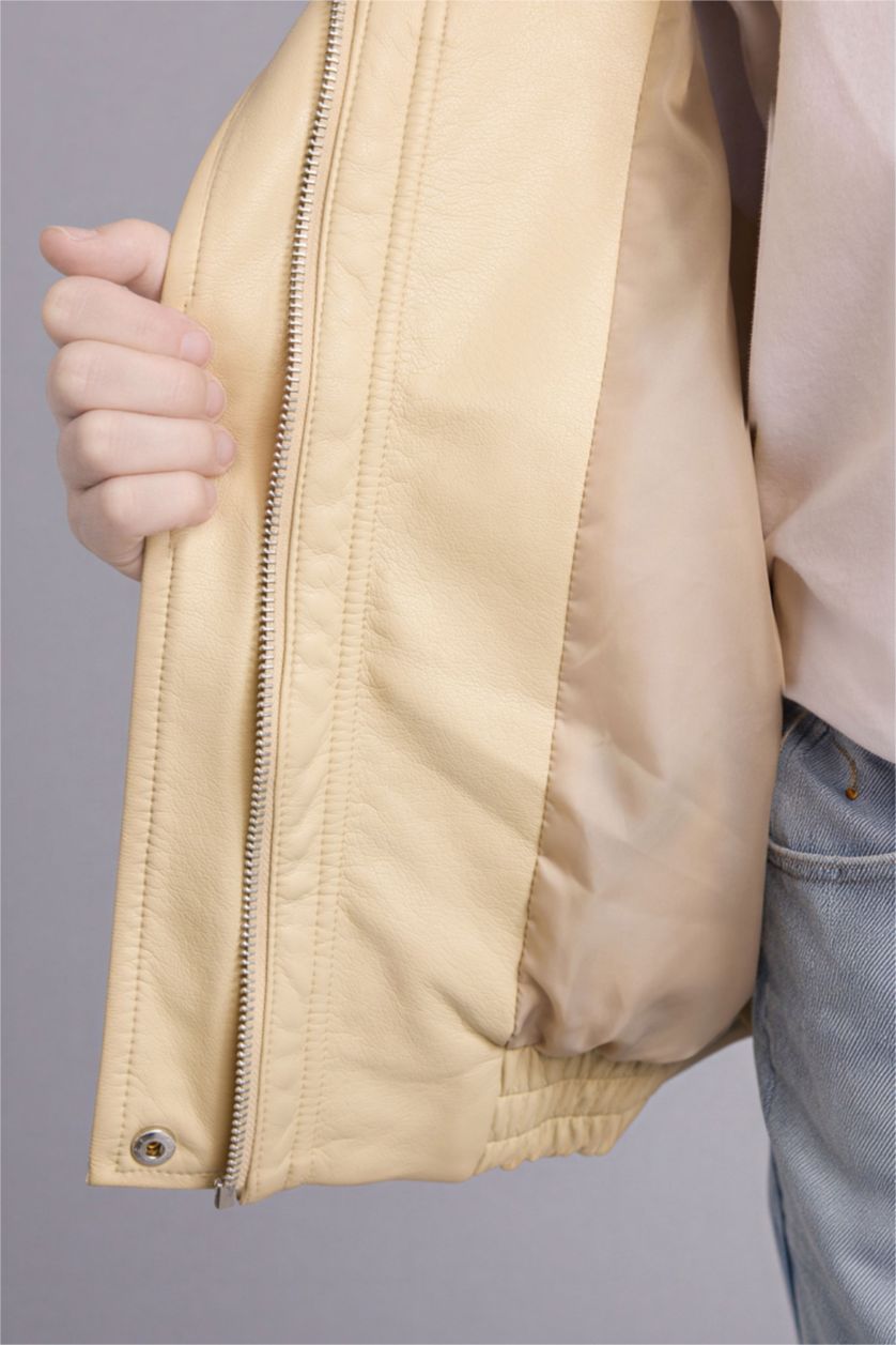 Girls & Teens Beige Girl Hooded Faux Leather Jacket