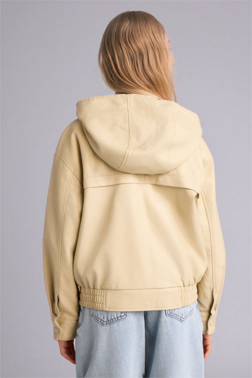 Girls & Teens Beige Girl Hooded Faux Leather Jacket