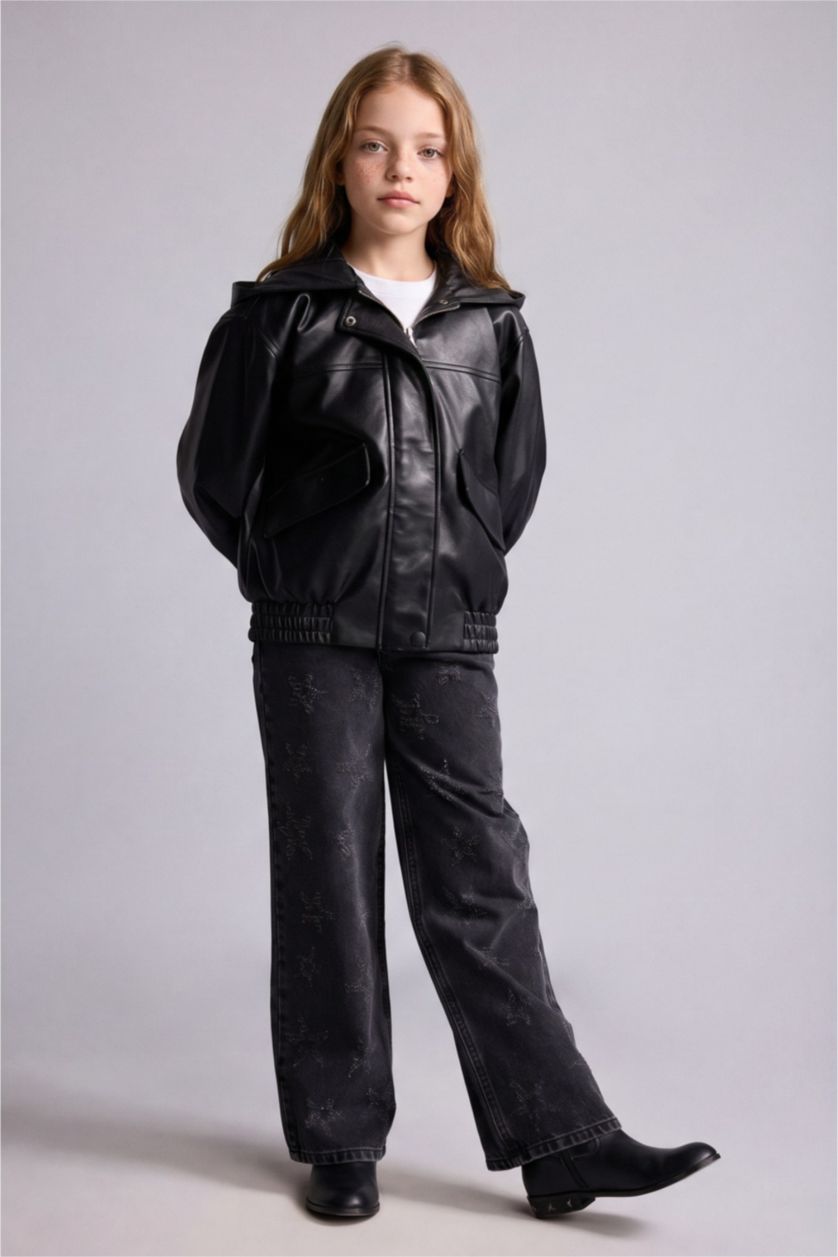 Young Girls - Teen Girls Black Girl Hooded Faux Leather Jacket