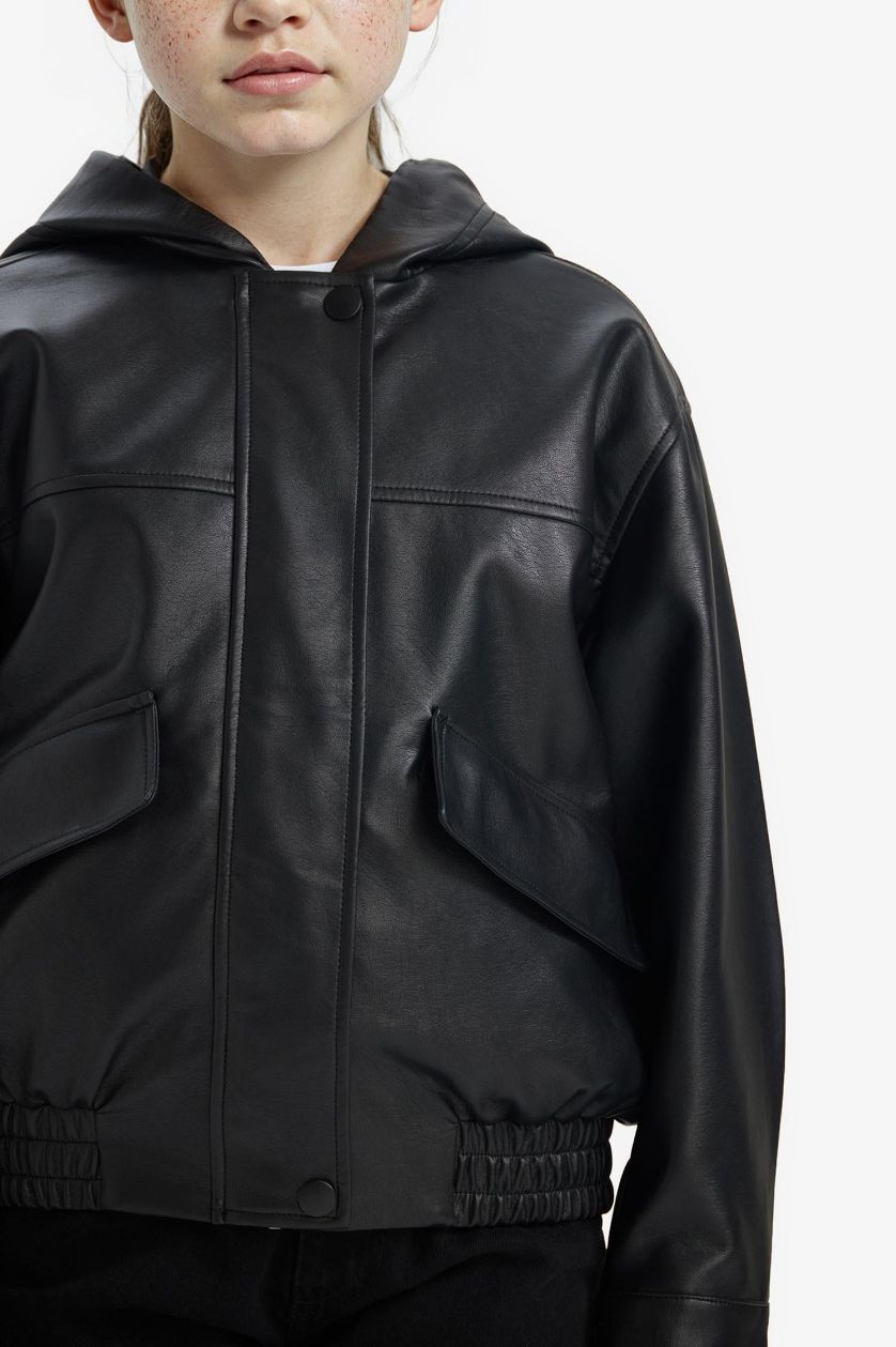 Girls & Teens Black Girl Hooded Faux Leather Jacket