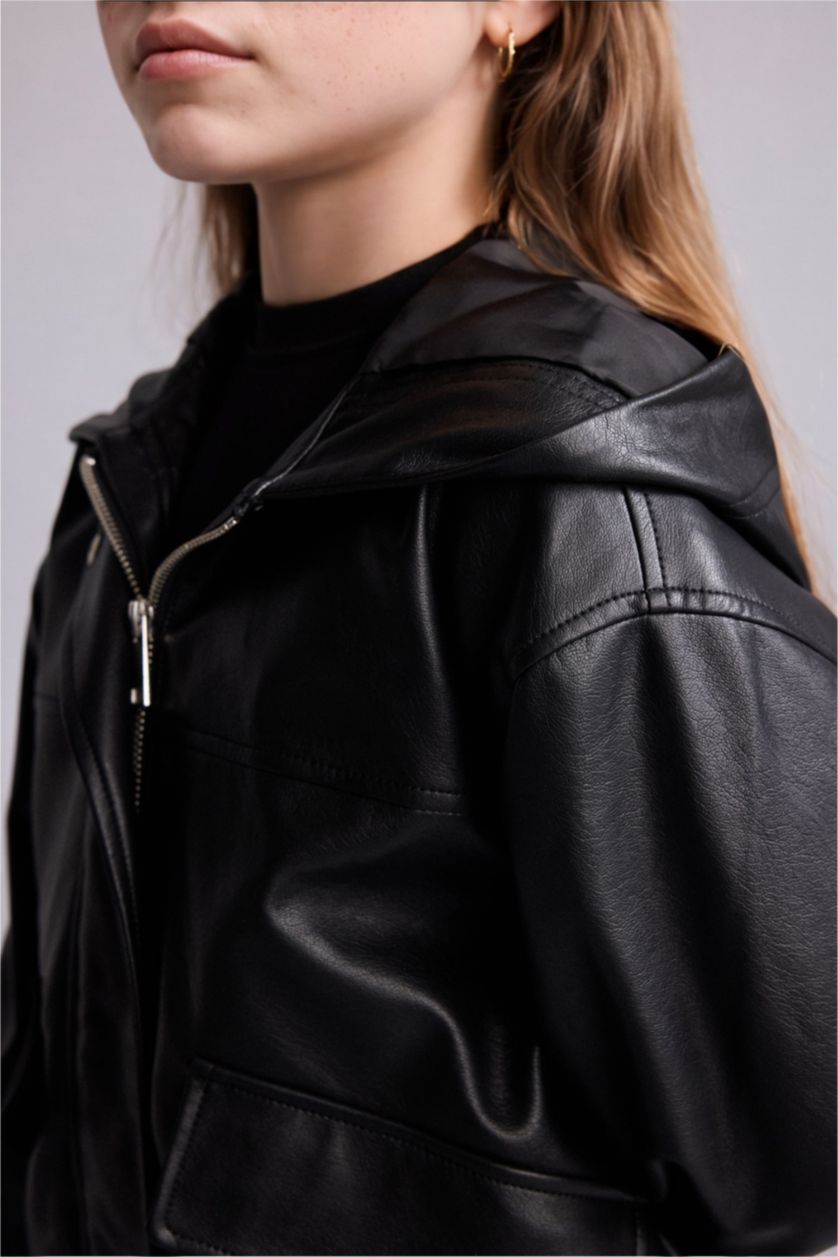 Young Girls - Teen Girls Black Girl Hooded Faux Leather Jacket