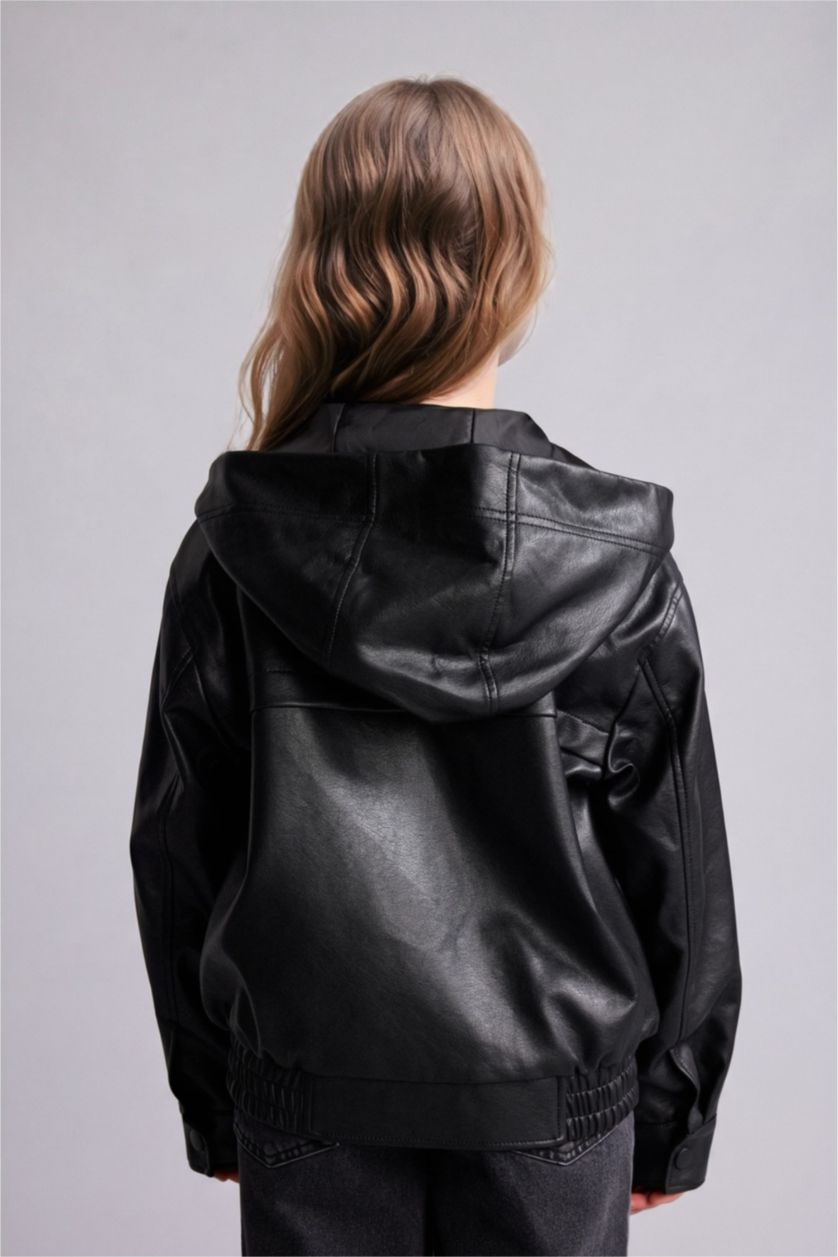 Young Girls - Teen Girls Black Girl Hooded Faux Leather Jacket