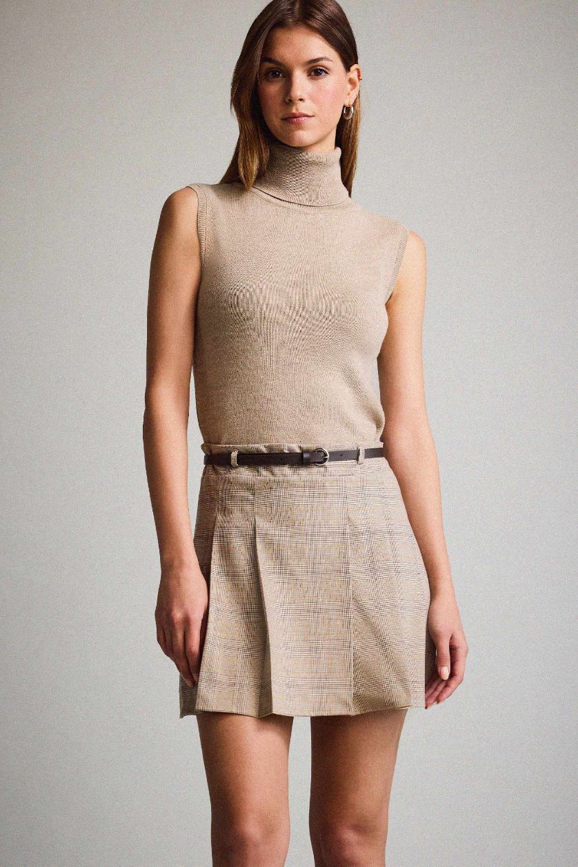 Kadın Kahve A Kesim Kareli Normal Bel Mini Etek