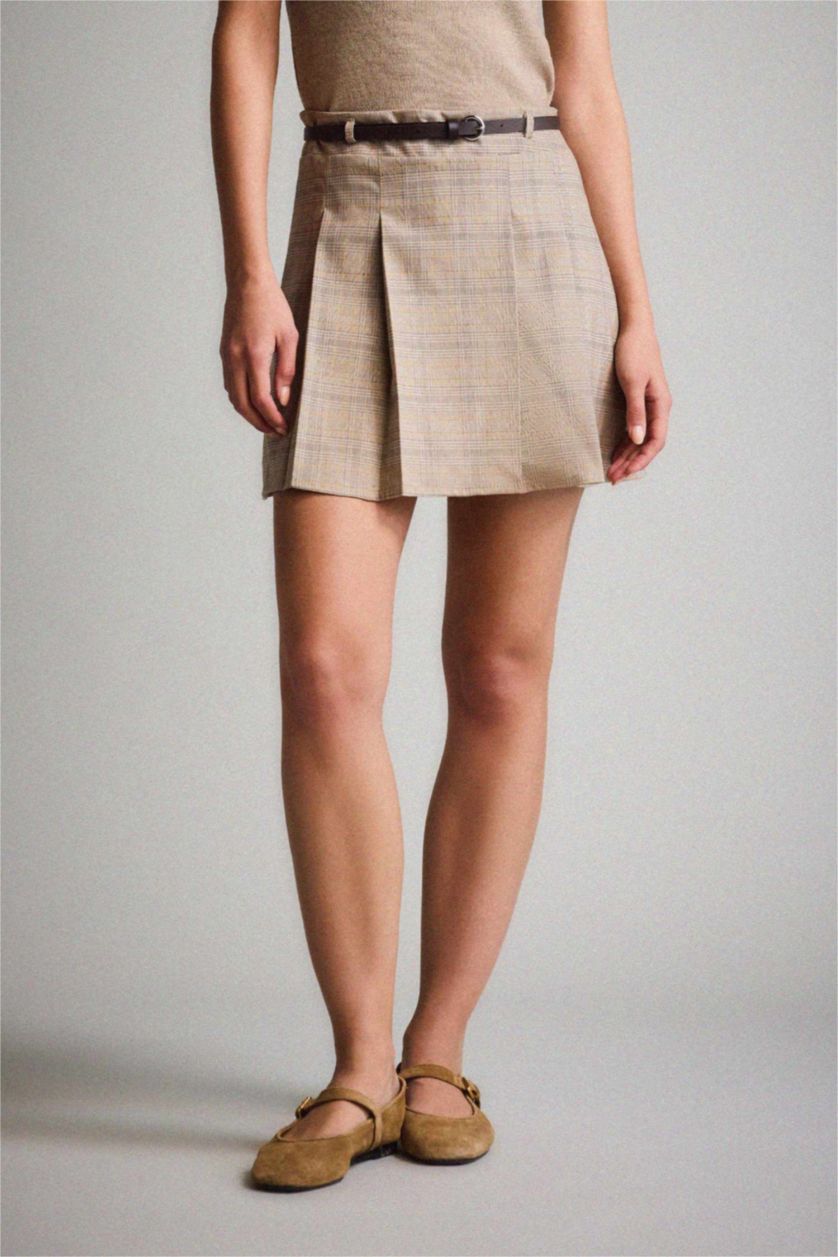 Kadın Kahve A Kesim Kareli Normal Bel Mini Etek