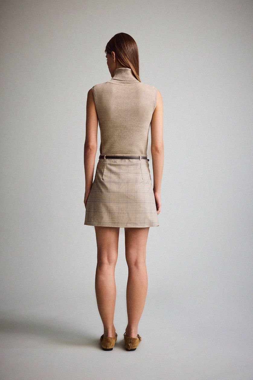 Kadın Kahve A Kesim Kareli Normal Bel Mini Etek