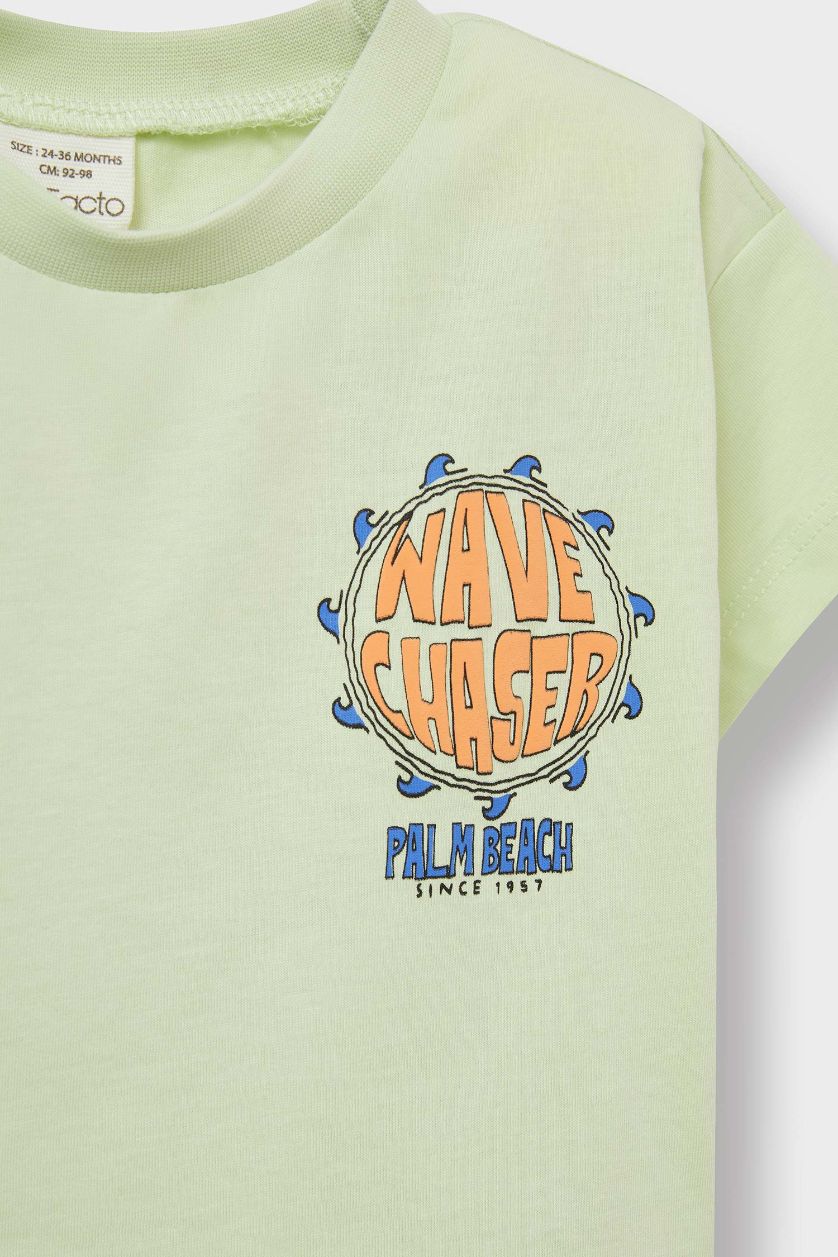 Erkek Bebek Açık Yeşil 2'li Takım Baskılı Kısa Kollu Tişört Şort Erkek Bebek