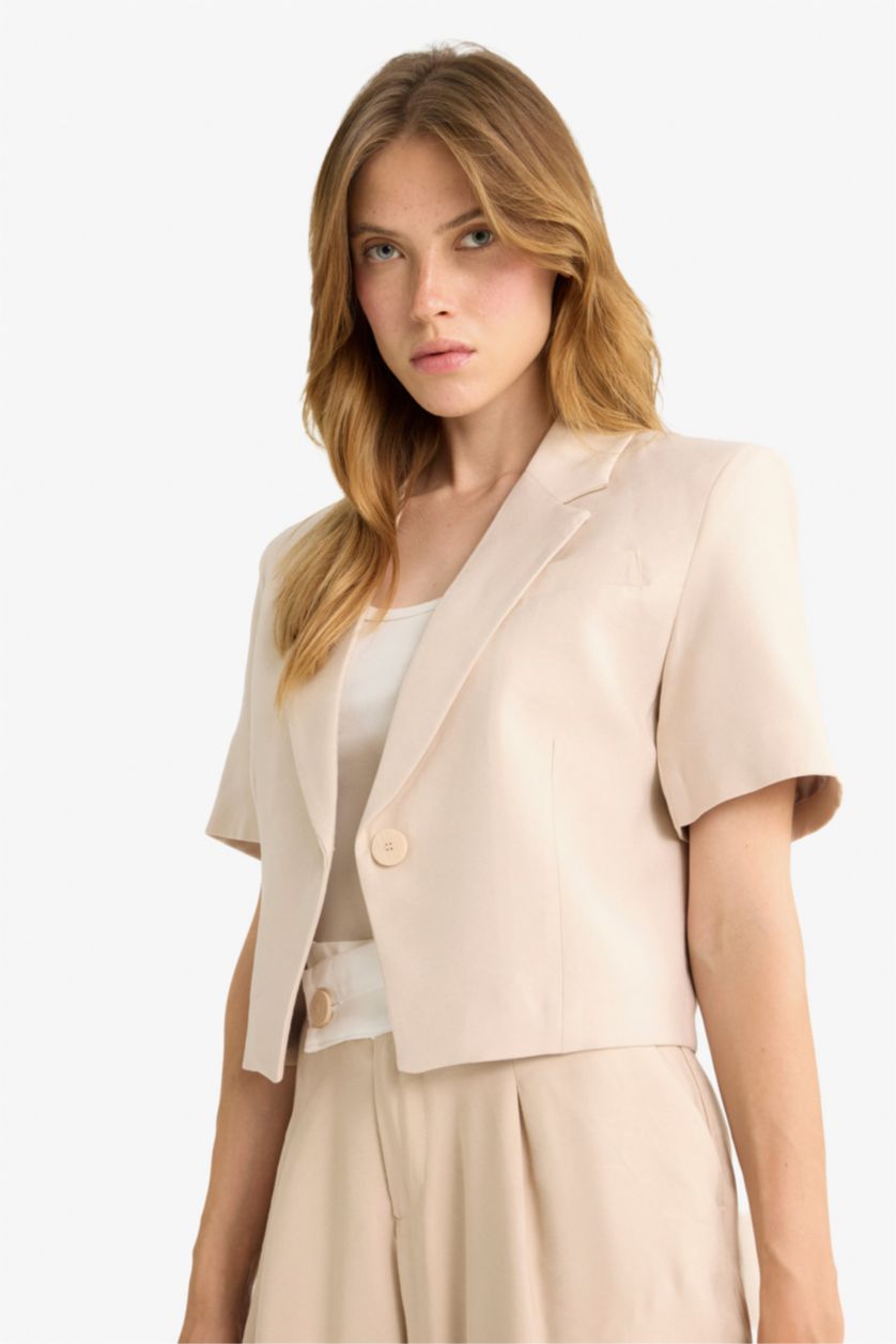 Kadın Taş Cropped Fıt Ceket Yaka Tencel Blazer Ceket