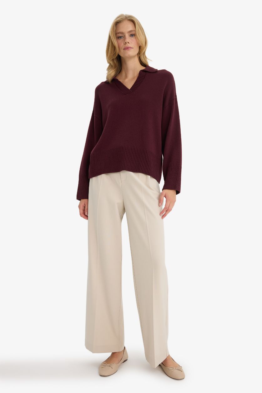 Kadın Bordo Oversıze Polo Yaka Triko Kazak