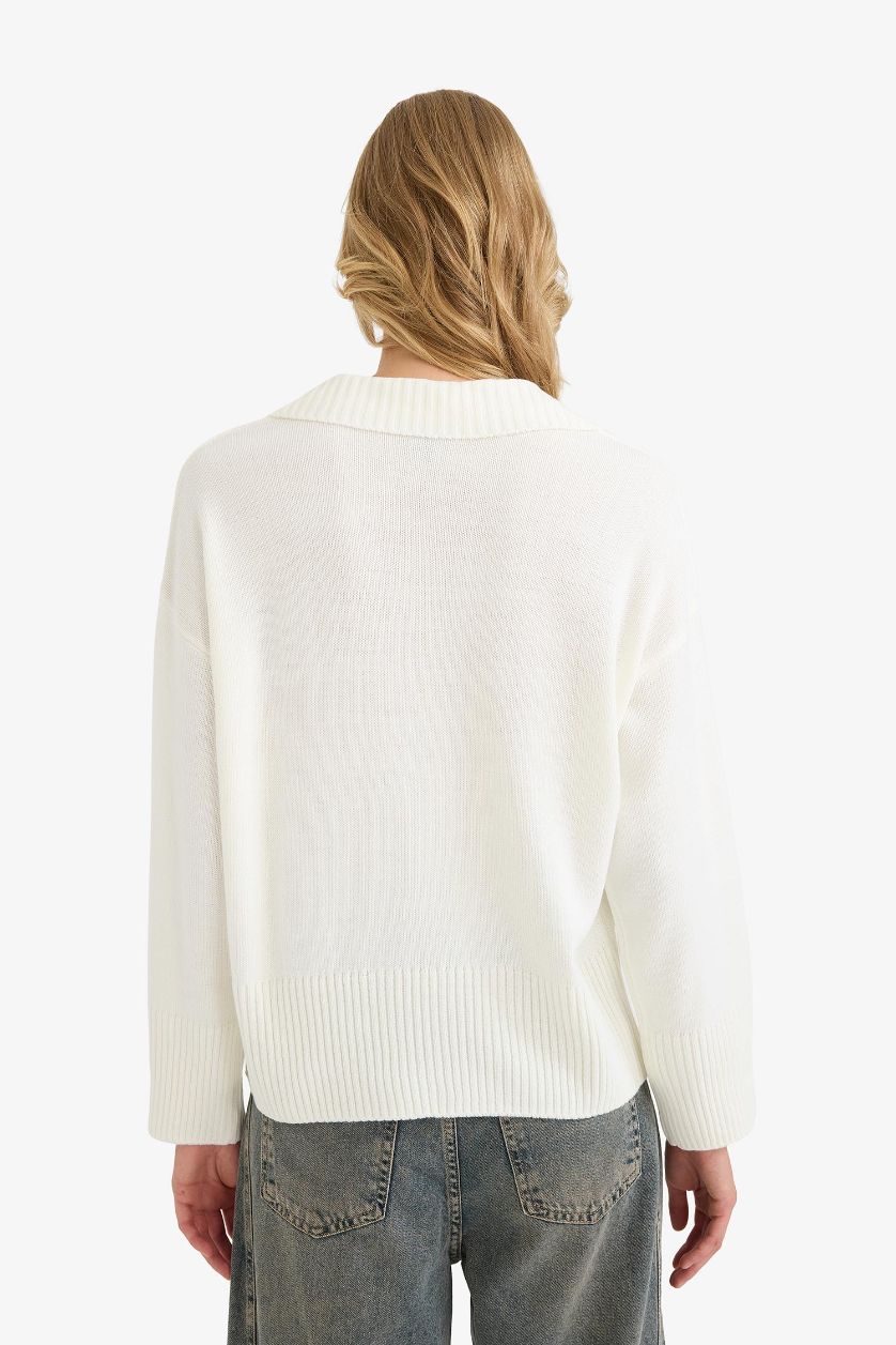 Kadın Ekru Oversıze Polo Yaka Triko Kazak