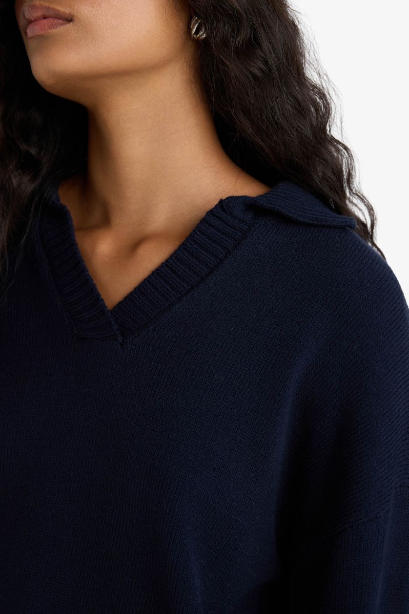 Kadın Lacivert Oversıze Polo Yaka Triko Kazak