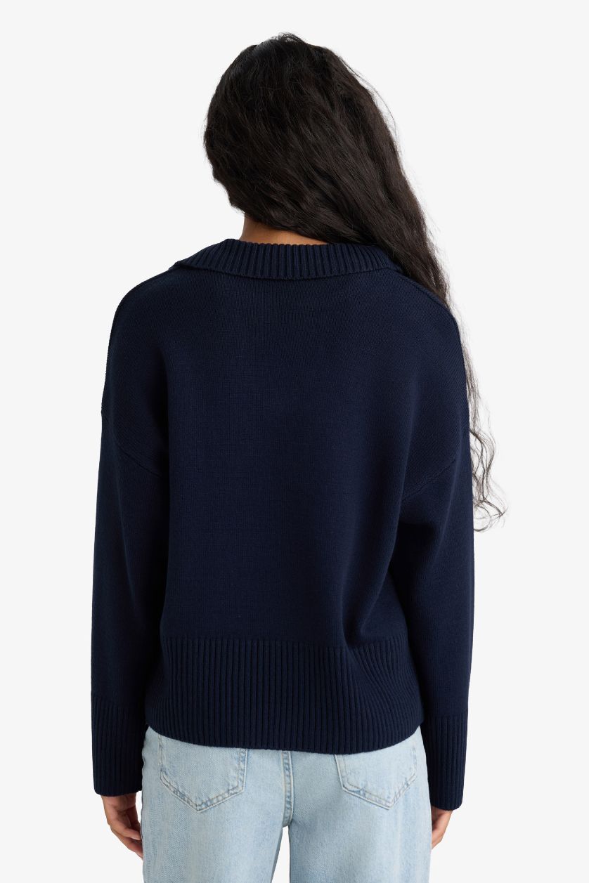 Kadın Lacivert Oversıze Polo Yaka Triko Kazak