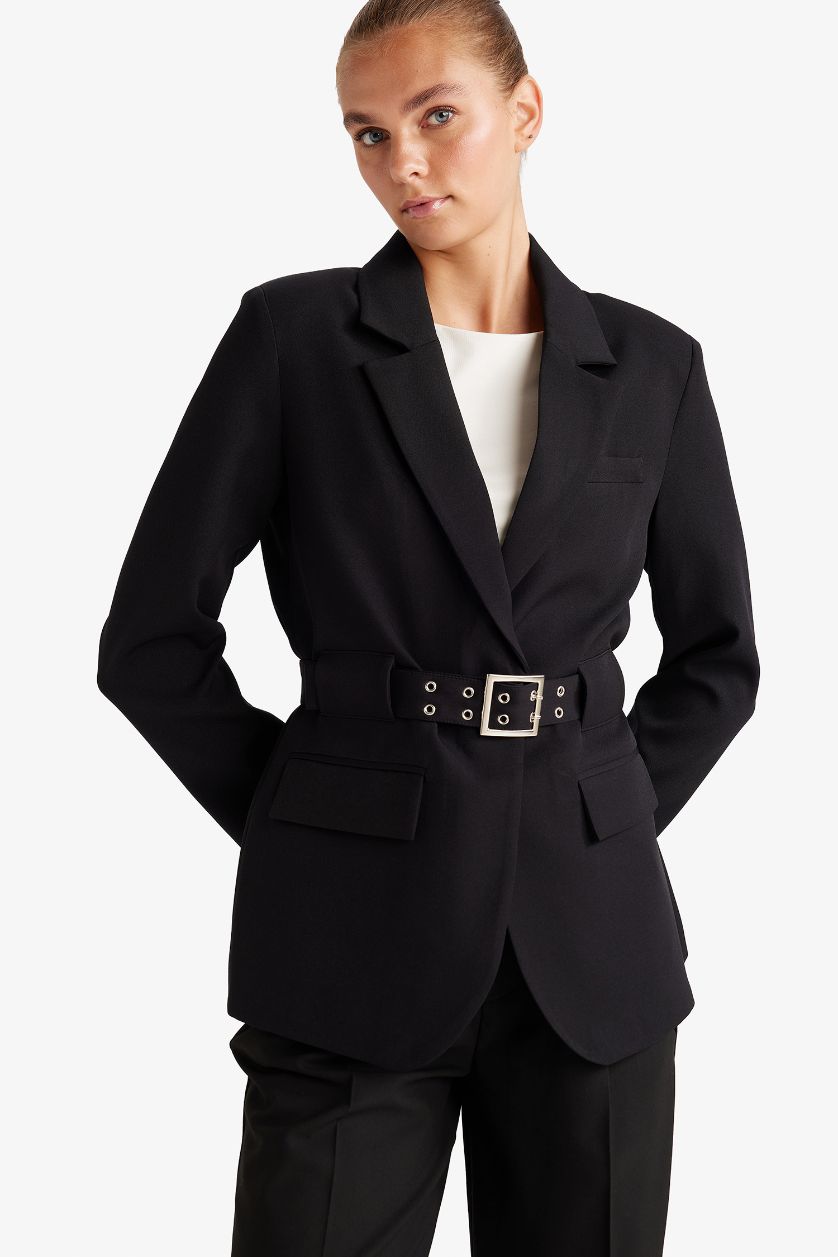 Kadın Siyah Regular Fıt Ceket Yaka Krep Blazer Ceket