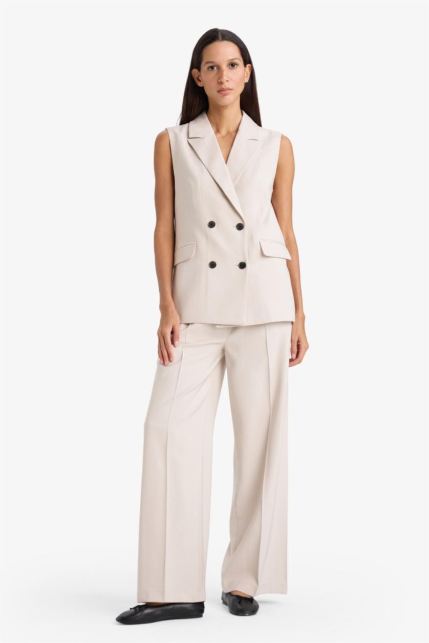 WOMAN Beige Straight Fit Wide Leg Viscose Trousers