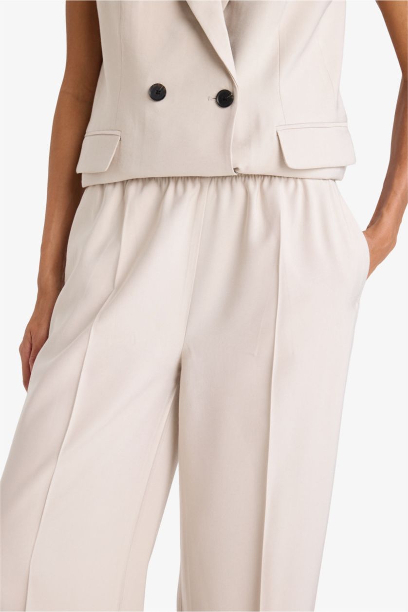 WOMAN Beige Straight Fit Wide Leg Viscose Trousers