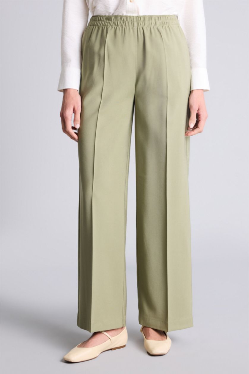 WOMAN Khaki Straight Fit Wide Leg Viscose Trousers