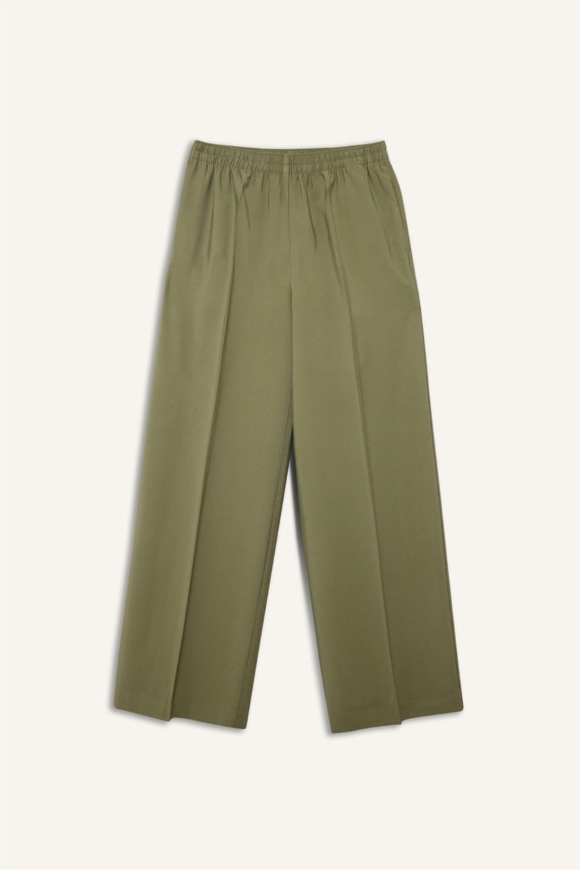 WOMAN Khaki Straight Fit Wide Leg Viscose Trousers