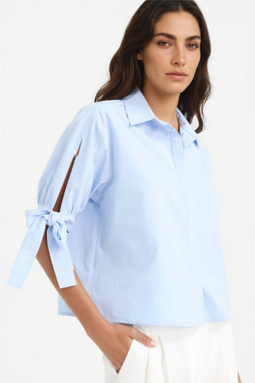 Kadın Açık Mavi %100 Pamuk Regular Fıt Bağlama Detaylı Poplin Gömlek