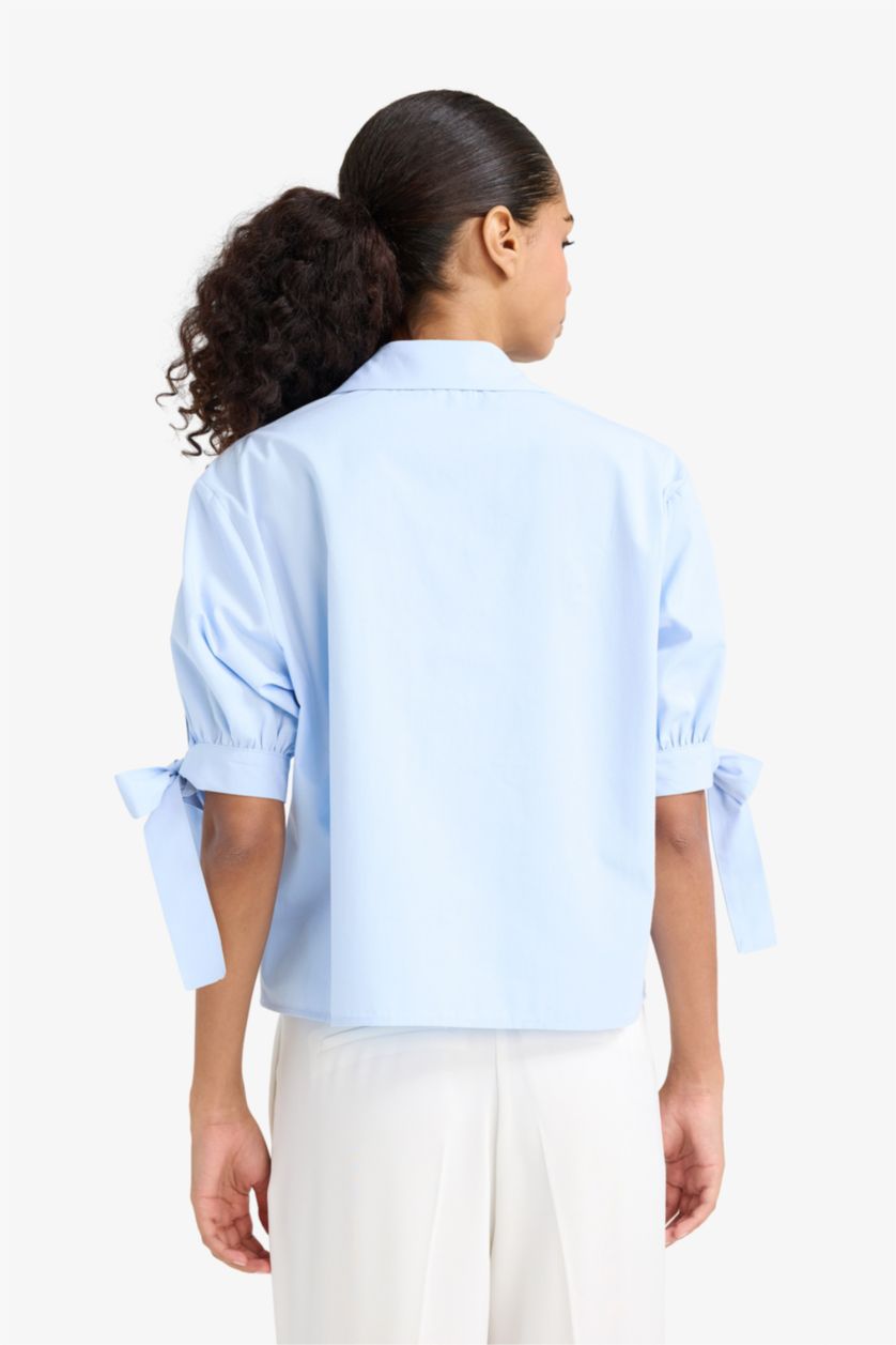 Kadın Açık Mavi %100 Pamuk Regular Fıt Bağlama Detaylı Poplin Gömlek