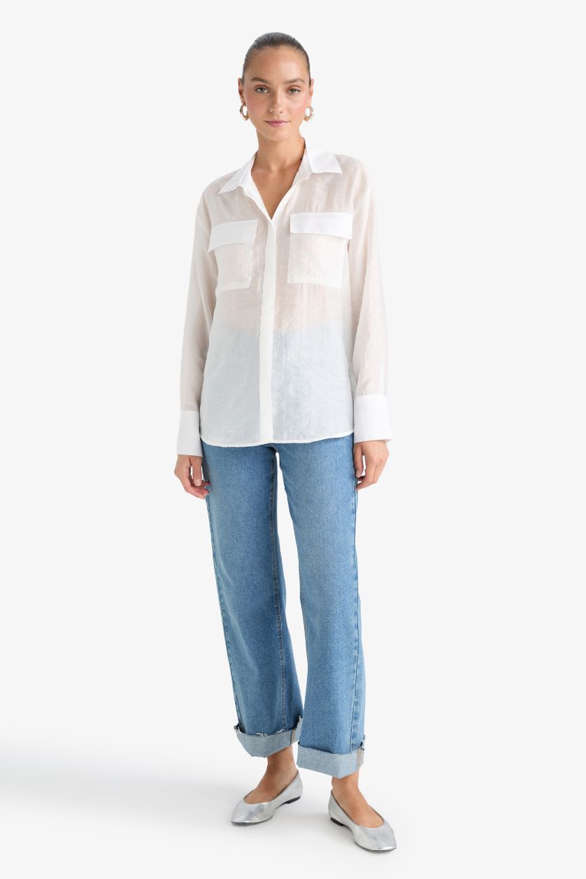 حريمي أبيض قميص كم طويل قصة عادية