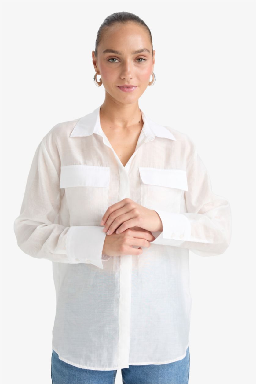 حريمي أبيض قميص كم طويل قصة عادية