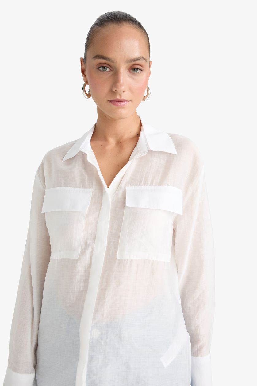 حريمي أبيض قميص كم طويل قصة عادية