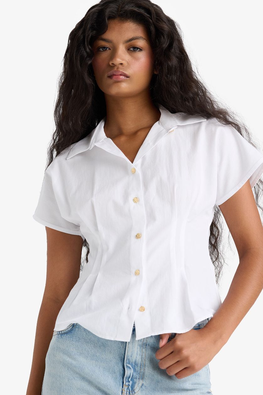 WOMAN Ecru Regular Fit Shirt Collar Sleeveless Blouse