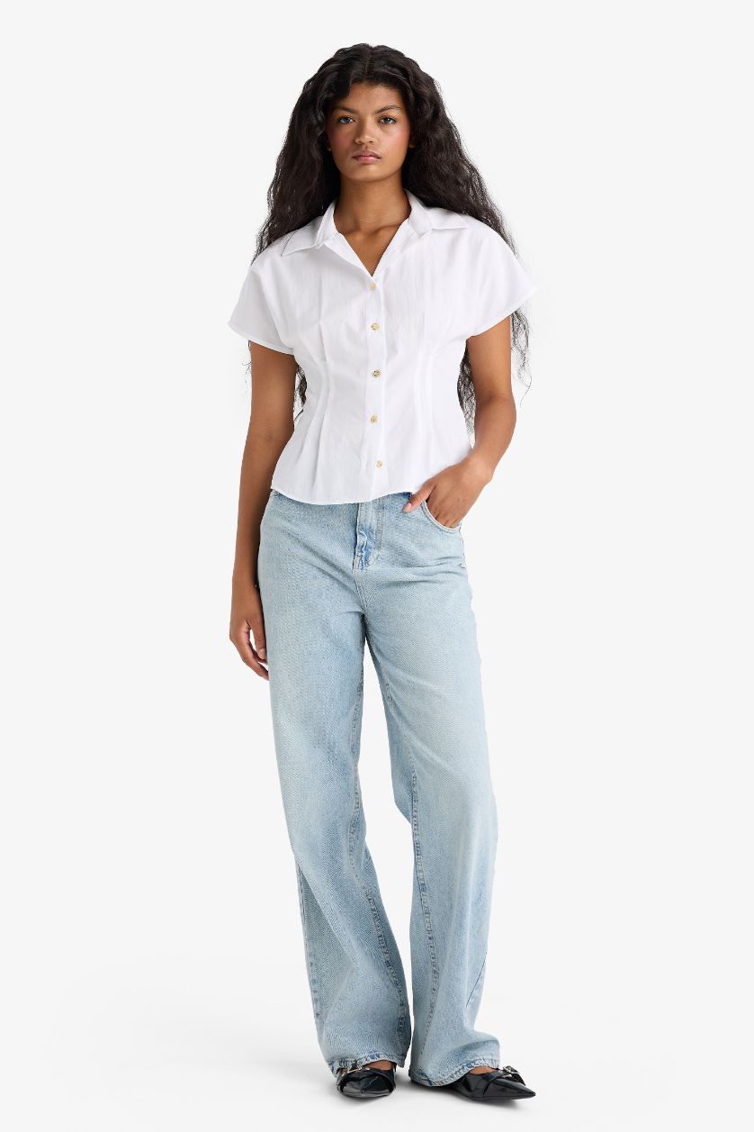 WOMAN Ecru Regular Fit Shirt Collar Sleeveless Blouse