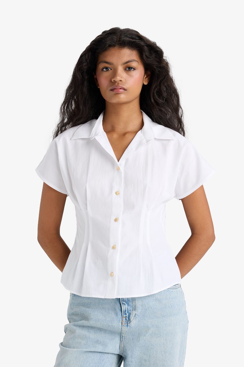WOMAN Ecru Regular Fit Shirt Collar Sleeveless Blouse
