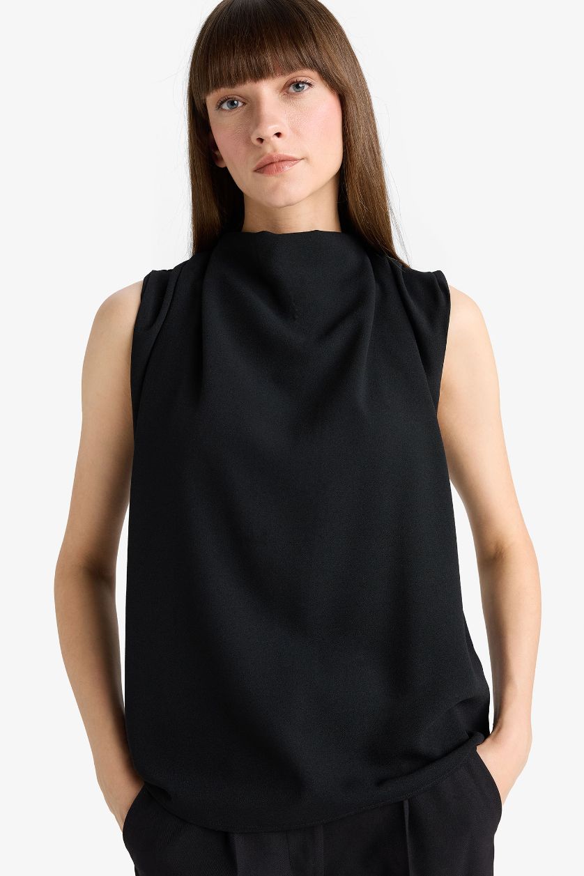 WOMAN Black Regular Fit Turtleneck Sleeveless Blouse