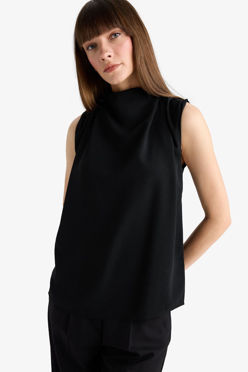 WOMAN Black Regular Fit Turtleneck Sleeveless Blouse