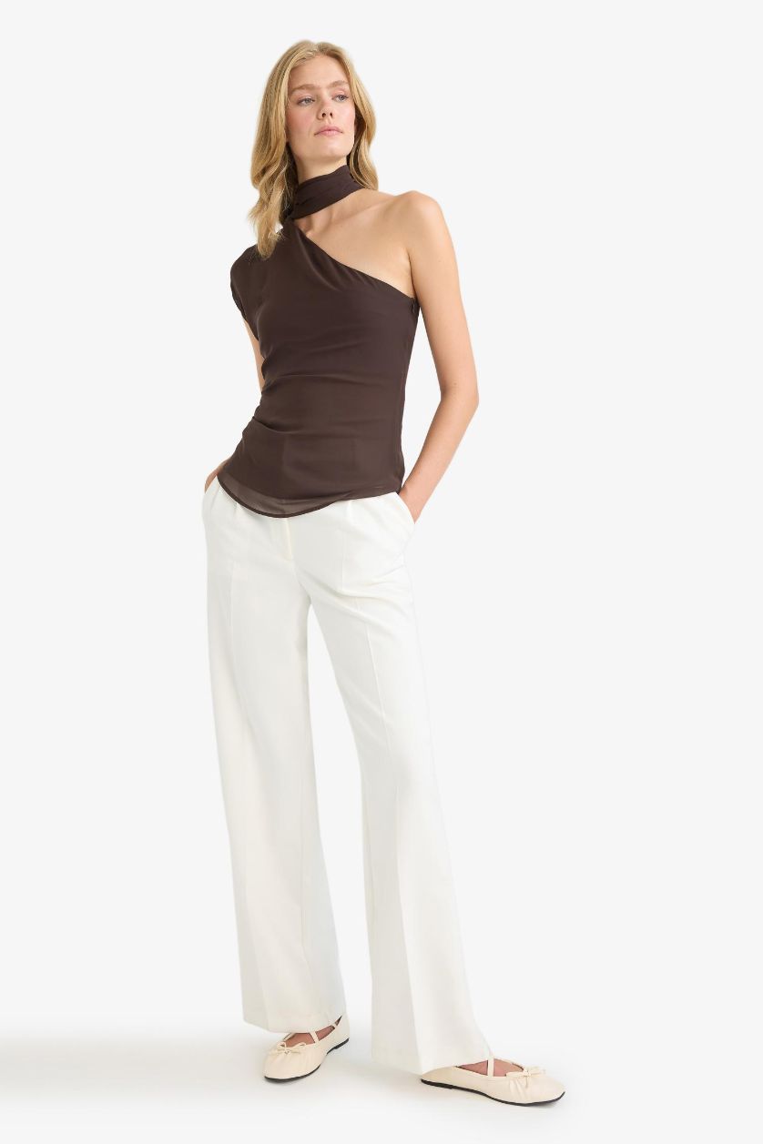 Kadın Kahve Regular Fit Şifon Tek Omuzlu Bluz