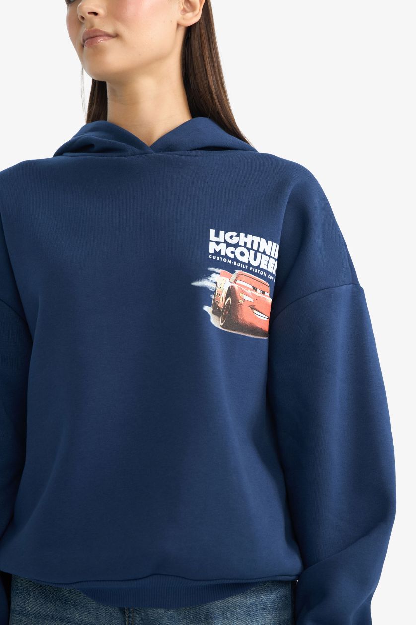 Kadın Lacivert Cars Oversize Geniş Kalıp Kapüşonlu Sırt Baskılı Sweatshirt