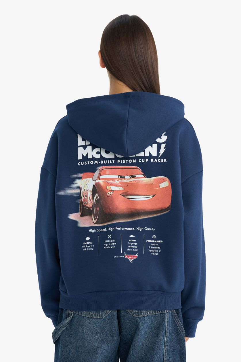 Kadın Lacivert Cars Oversize Geniş Kalıp Kapüşonlu Sırt Baskılı Sweatshirt