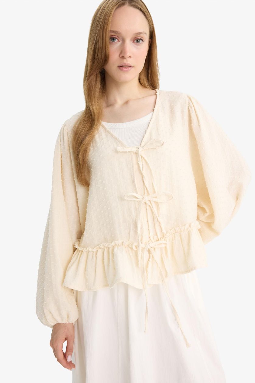 Woman Ecru Regular Fit Muslin V-Neck Long Sleeve Tunic