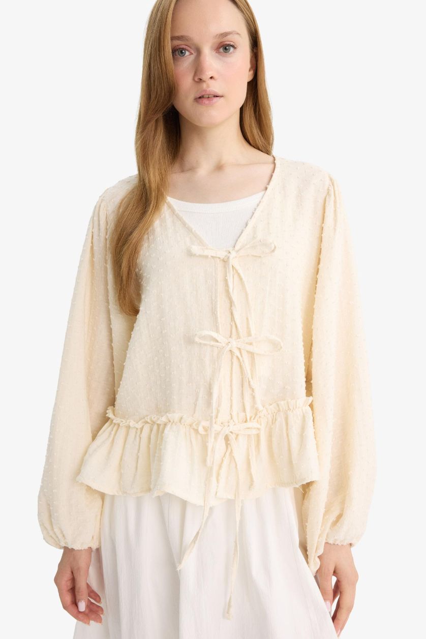 Woman Ecru Regular Fit Muslin V-Neck Long Sleeve Tunic