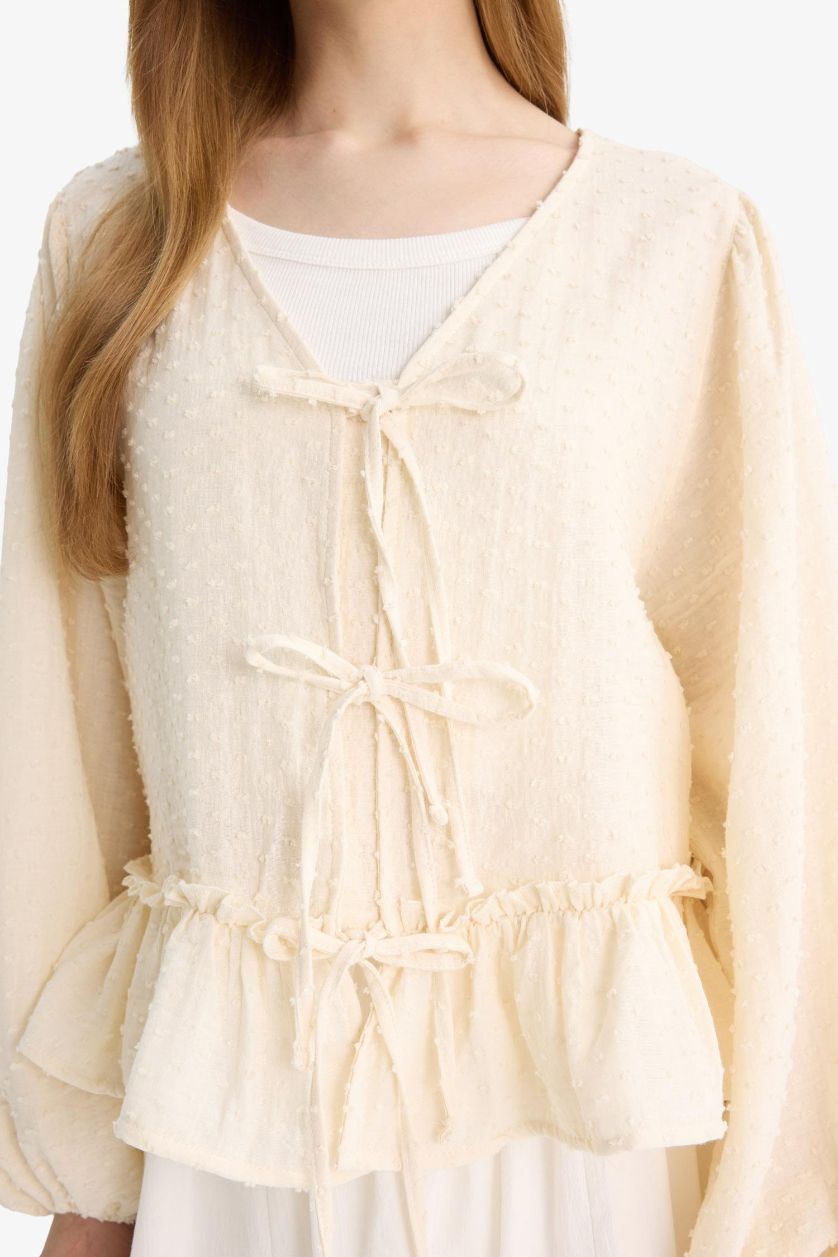 Woman Ecru Regular Fit Muslin V-Neck Long Sleeve Tunic