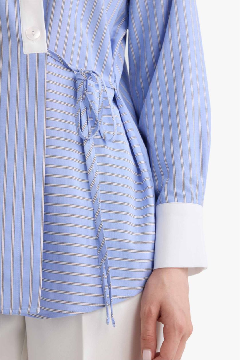 حريمي أزرق تونيك مخطط كم طويل بوبلين قصة عادية بياقة قميص