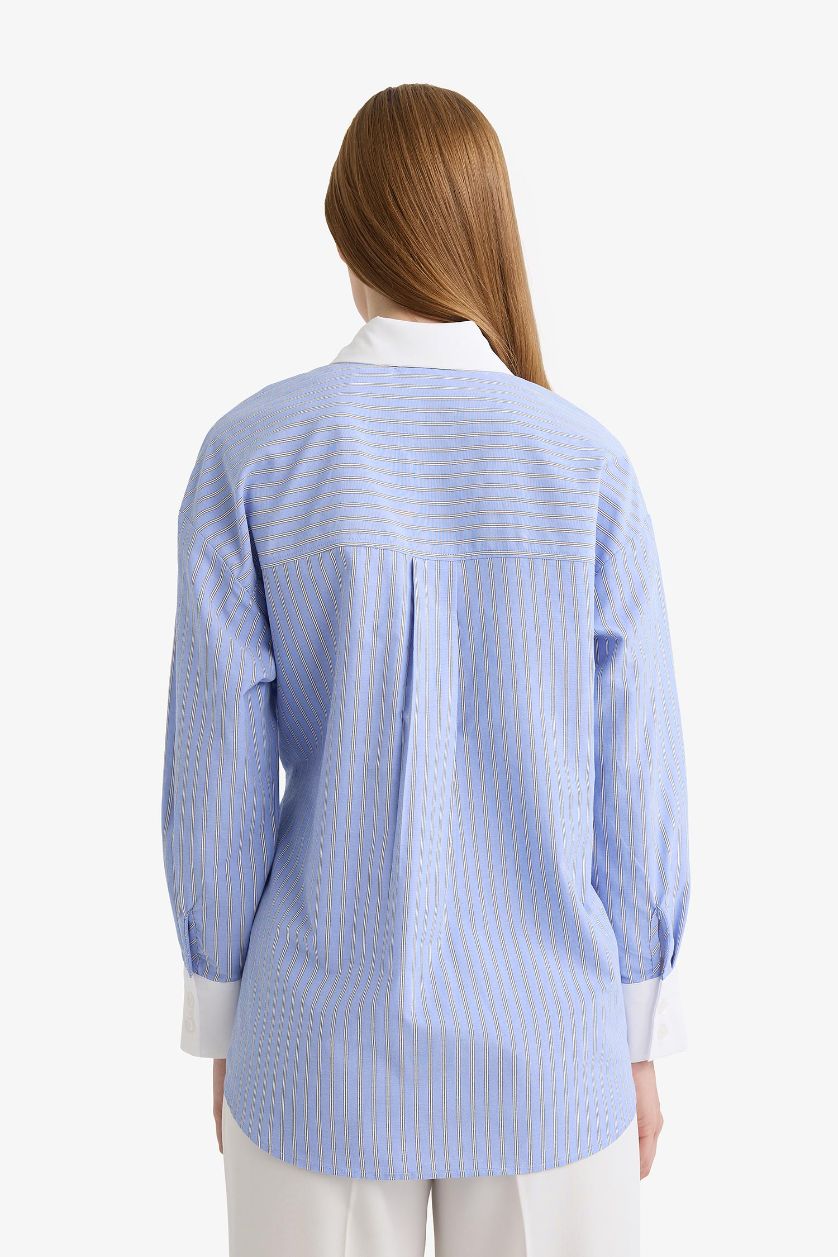 حريمي أزرق تونيك مخطط كم طويل بوبلين قصة عادية بياقة قميص