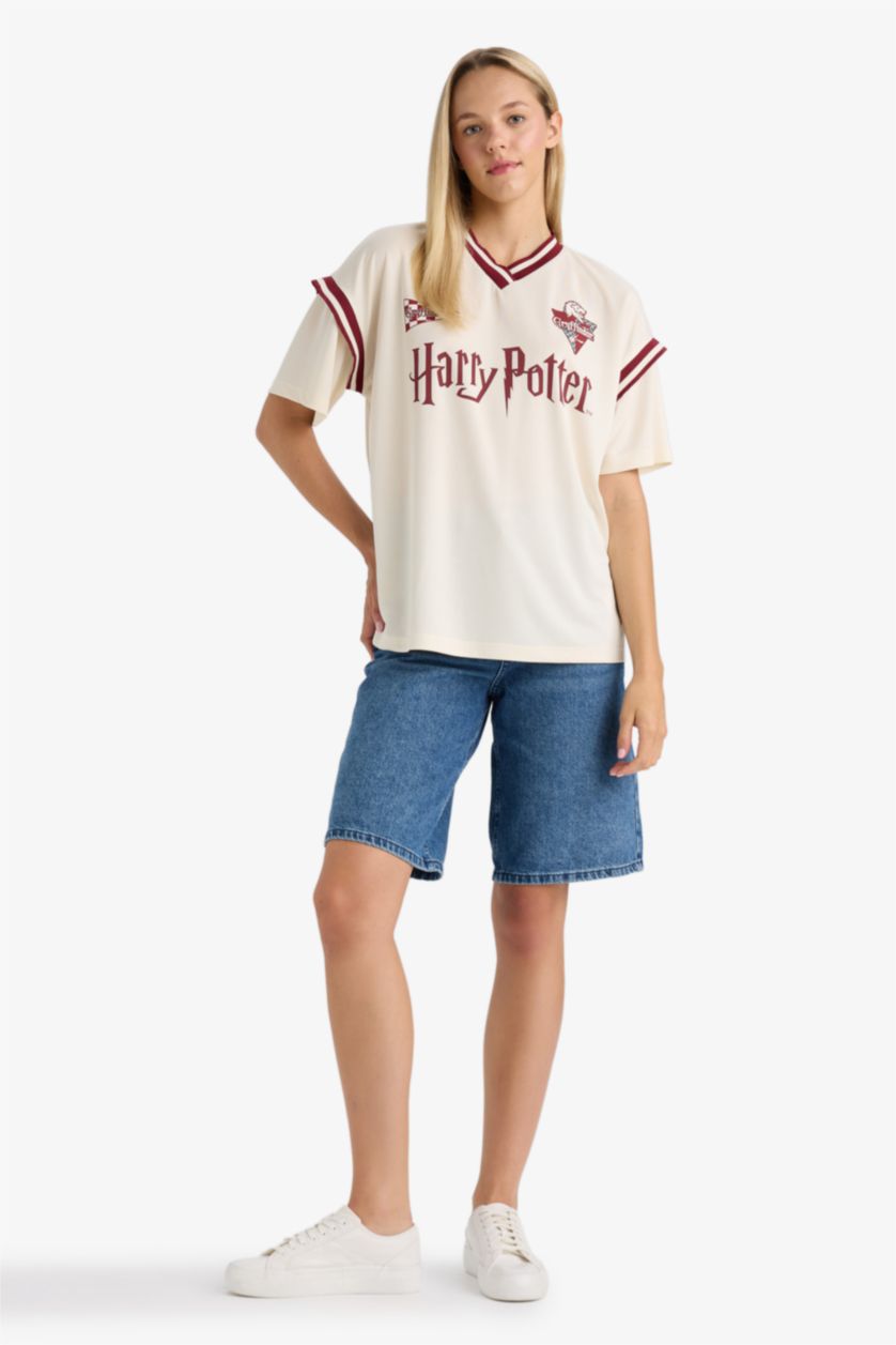 Kadın Ekru Harry Potter Oversize Geniş Kalıp V Yaka Kısa Kollu Tişört