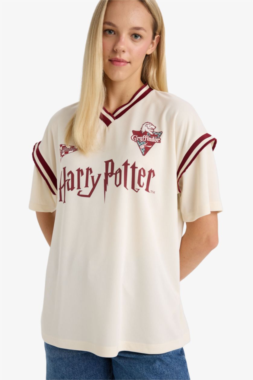 Kadın Ekru Harry Potter Oversize Geniş Kalıp V Yaka Kısa Kollu Tişört