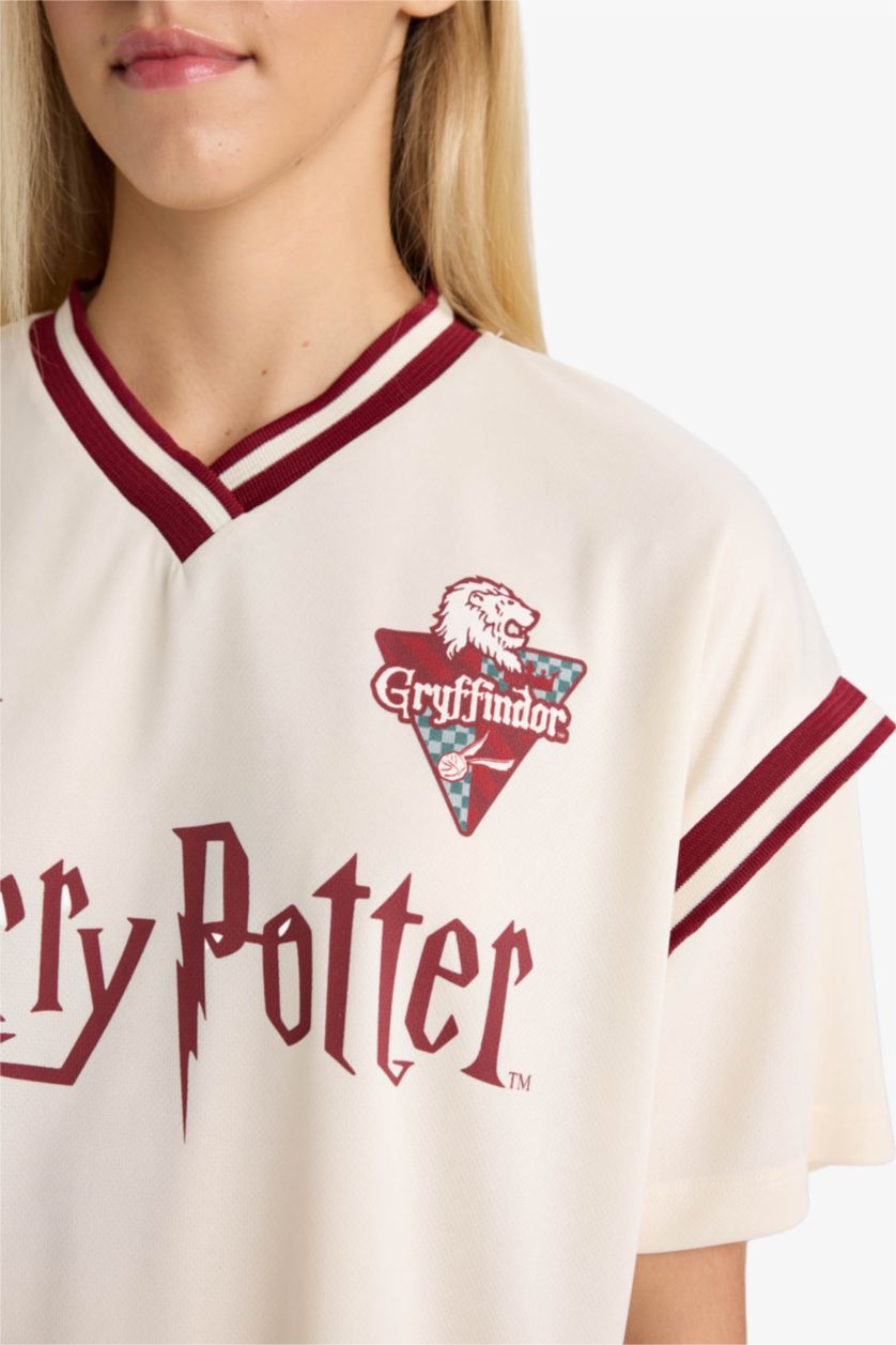 Kadın Ekru Harry Potter Oversize Geniş Kalıp V Yaka Kısa Kollu Tişört