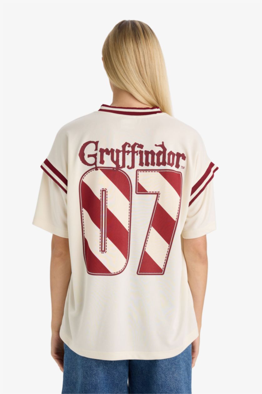 Kadın Ekru Harry Potter Oversize Geniş Kalıp V Yaka Kısa Kollu Tişört